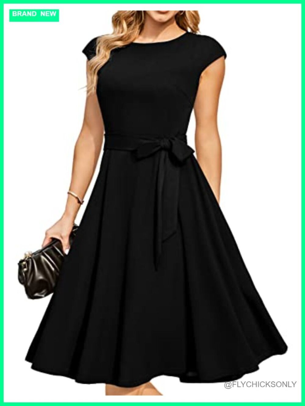 Women's Cocktail Formal Wedding Guest Modest Midi A-Line Dress with Belt